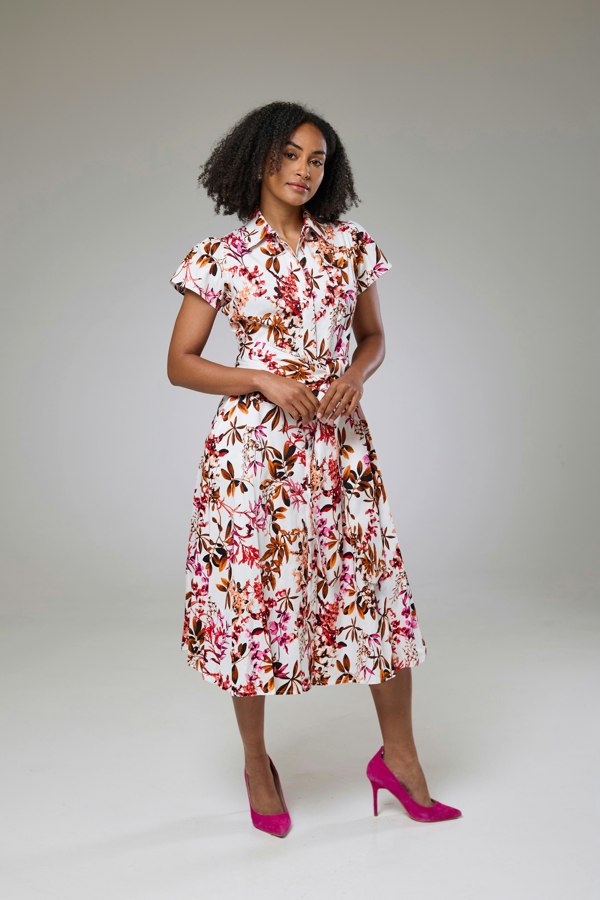 Isha's Timeless collection Blooming Pink Flora Short Sleeve Shirt Dress