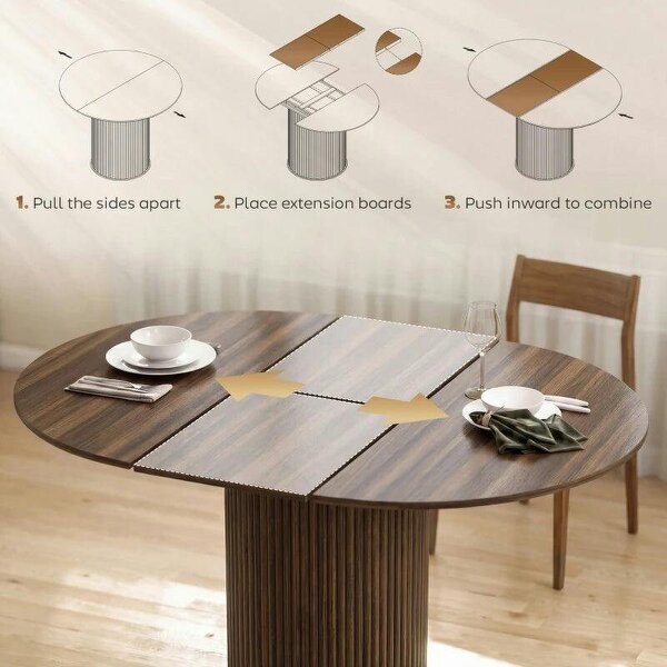 Extendable Round Dining Table Kitchen Table Hidden Leaf Storage Pedestal Base Seats 6-8 110-150 cm Dark Walnut