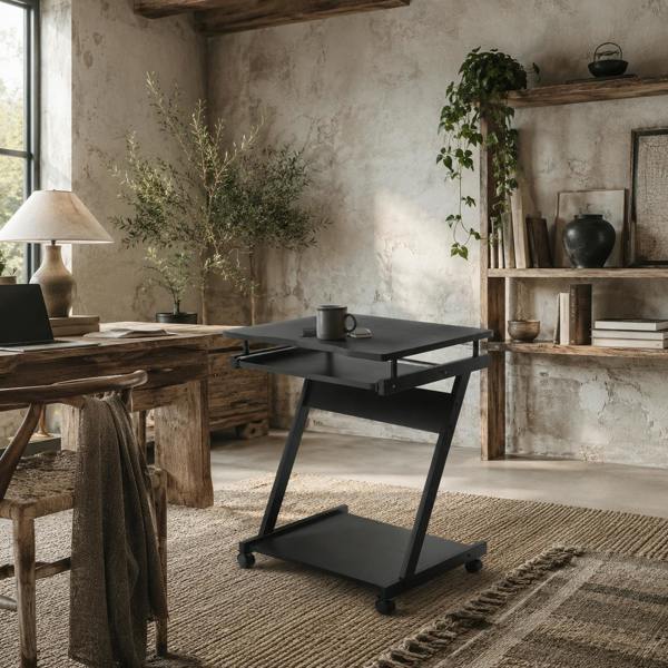 Wyld Haus Kamo Wooden Black Mobile Desk With Castor Wheels And Sliding Keyboard Tray