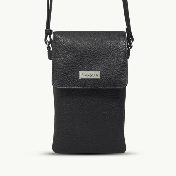 Assots London 'MARIA' Black Pebble Grain Real Leather Crossbody Phone Bag