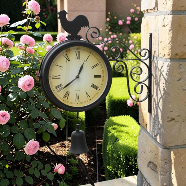 Double Sided Garden Clock with Bell and Cockerel