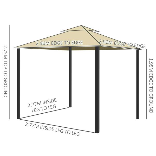 Beige patio gazebo roof and frame with labeled dimensions for size