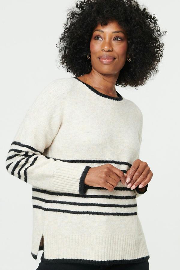 Cream | Striped Drop Shoulder Textured Jumper