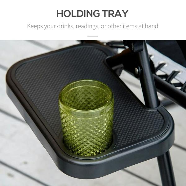 Black holding tray with cup holder insert for patio lounge chair