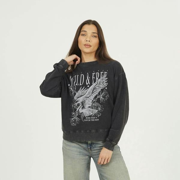 Brave Soul Black Acid Wash Graphic Print Sweatshirt - Black Image 1