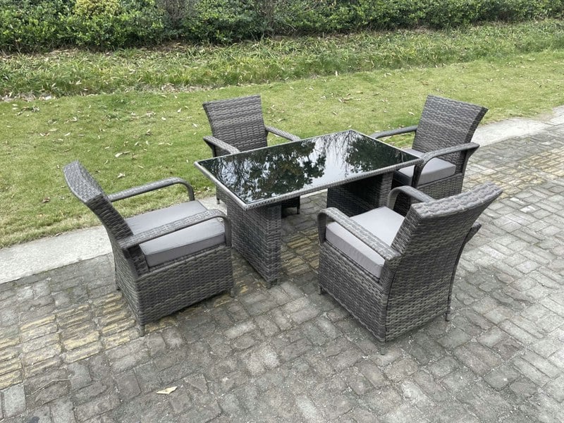 Fimous 4 Seat Rattan Garden Furniture Dining Set Table And Chair Sets PE Wicker Patio Outdoor 4 Chairs Black Tempered Glass Table