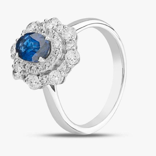 T. H. Baker 18ct White Gold 0.91ct Oval Cut Sapphire & 0.82ct Brilliant Cut Diamond Double Halo Ring 1518173 18KW M