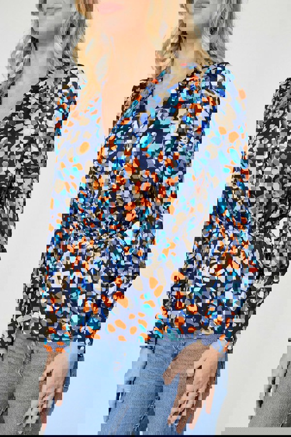 Navy | Printed Long Sleeve Peplum Blouse