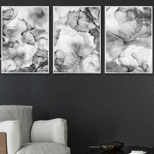 Artze Wall Art Abstract Floral Fluid in Grey Set of 3 Wall Art Prints | Framed