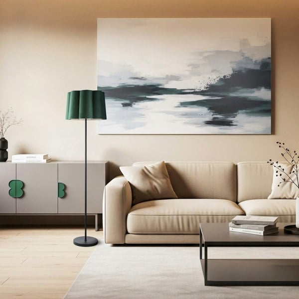 Modern Matte Black Floor Lamp with Forest Green Velvet Scallop Shade Image 6