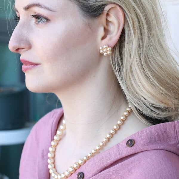 The Colourful Aura Large Golden Round Pearl Bridesmaid Statement Wedding Necklace  and Earring Set