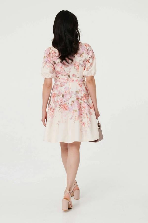 Pink | Floral Knee Length Tie Waist Dress