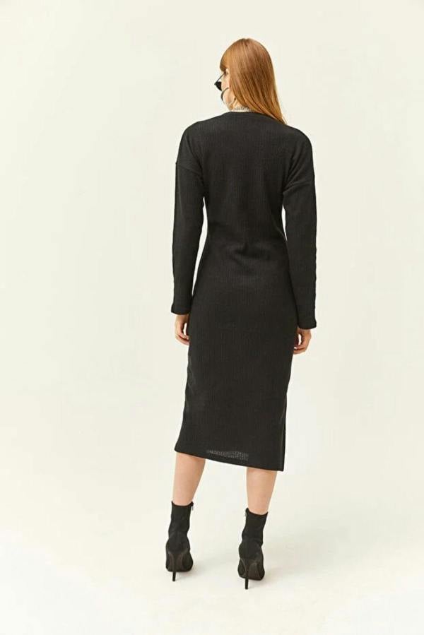 Hoxton Gal V-Neck Thick Ribbed Dress with Side Slit