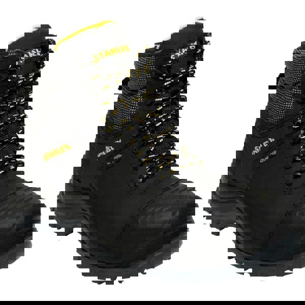 Stanley Richmond Mens Steel Toe/Midsole Safety Work Boots, black waterproof work boot with yellow accents, durable design and non-slip sole for protection and safety in industrial work environments.