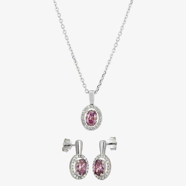 T. H. Baker Silver Lilac Cubic Zirconia Oval Pendant and Dropper Earring Set SET9649