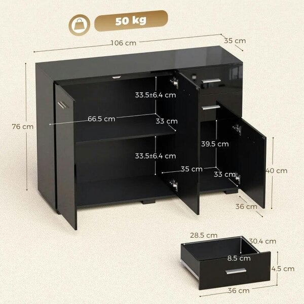 Sideboard, Modern Storage Cabinet with 2 Drawers, 3 Doors and Adjustable Shelves, High Gloss Black