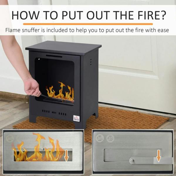 Black ethanol fireplace with burning flame and included snuffer tool