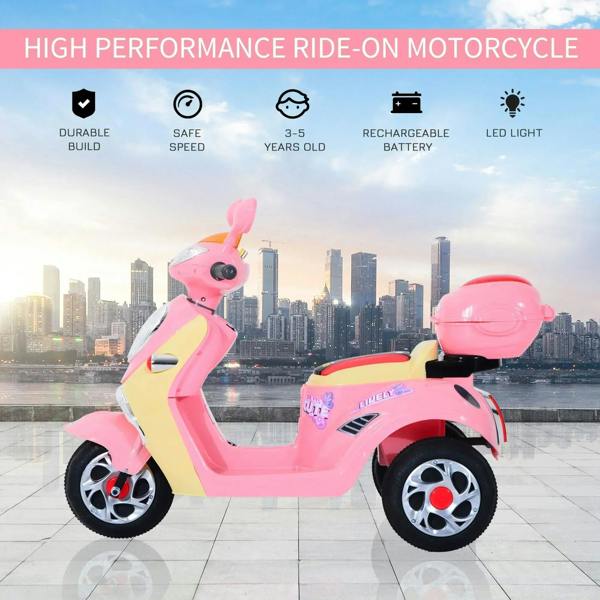 Pink ride-on motorcycle toy with rear storage box and front LED headlight