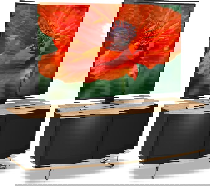Centurion Supports Caru Gloss Black and Oak Beam-Thru Remote Friendly Super-Contemporary "D" Shape Design 32"-65" LED/OLED/LCD TV Cabinet