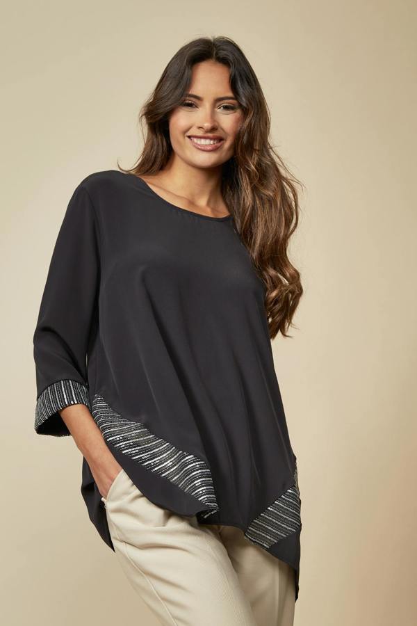 Hoxton Gal 3/4 Sleeves Relaxed Fit Black Top with Grey Details