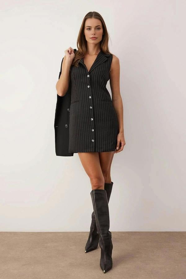 WOVCOR Striped Sleeveless Button Detail Mini Blazer Dress