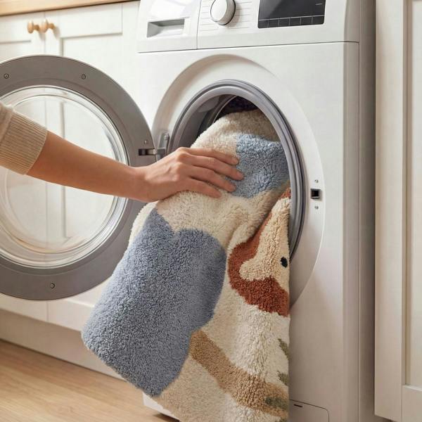 Person taking a colorful towel out of a washing machine