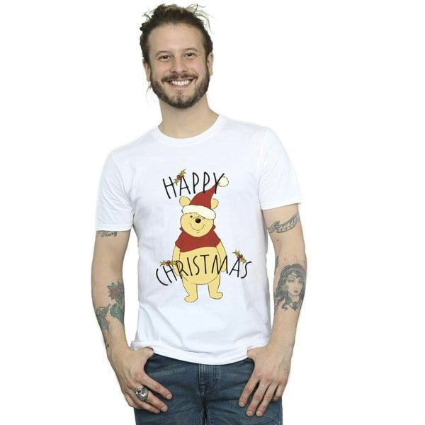 Disney Mens Winnie The Pooh Happy Christmas Holly T-Shirt - White