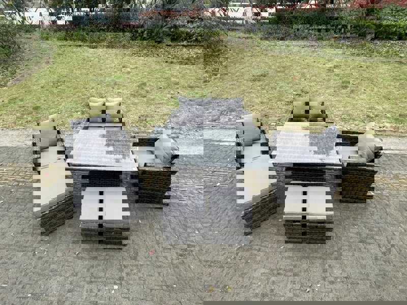 Fimous Rattan Outdoor Furniture Adjustable Rising Lifting Rectangle Dining Table Chairs Two Seater Love Sofa Sets 3 Footstools 7 Seater