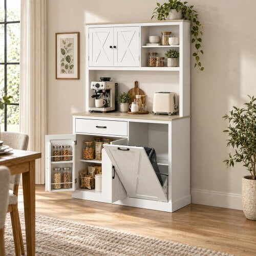 HOMCOM Pantry Cabinet with Charging Station, Microwave Stand, White