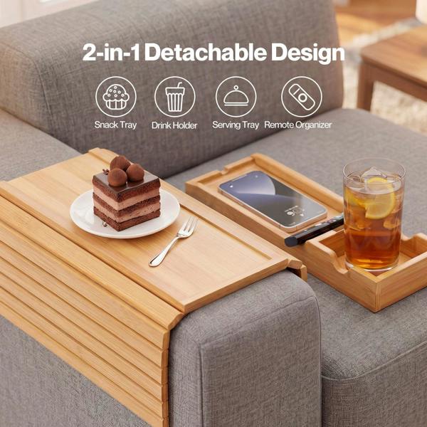 Levede Sofa Arm Tray Table 2 in 1 Bamboo Couch Armrest Organiser Cup Mug Holder