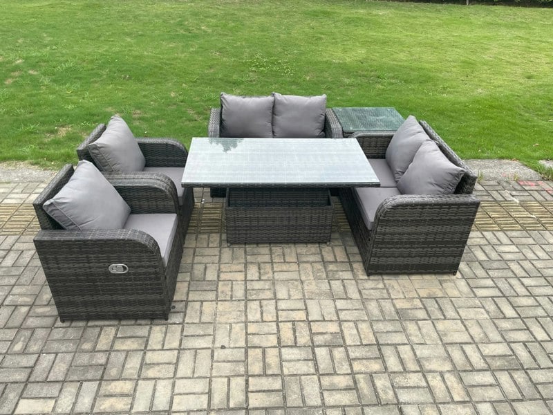 Fimous Rattan Furniture Outdoor Garden Dining Set Patio Height Adjustable Rising lifting Table Love Sofa Chair With Side Table