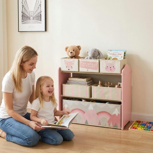 ZONEKIZ Kids Storage Unit with 6 Boxes, Childrens Toy Storage Organiser, Pink