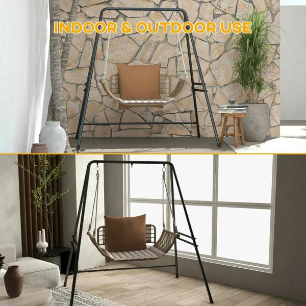 Black hanging chair stand for indoor and outdoor use with suspended seat