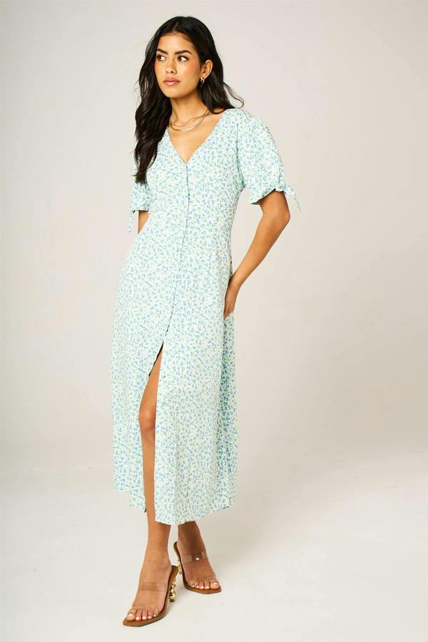 FS Collection Green Blue Floral Print Button Front Tie Sleeve Midi Dress In White