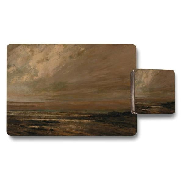 Benjamin Tate Design Moody Brown Landscape Placemats Coasters Set With Seascape