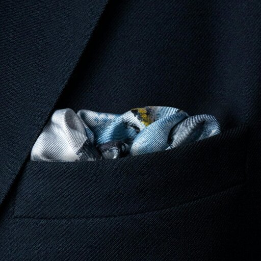 Otway & Orford 'American Patrol' WW2 fighters silk pocket square in blue & white (42 x 42cm)