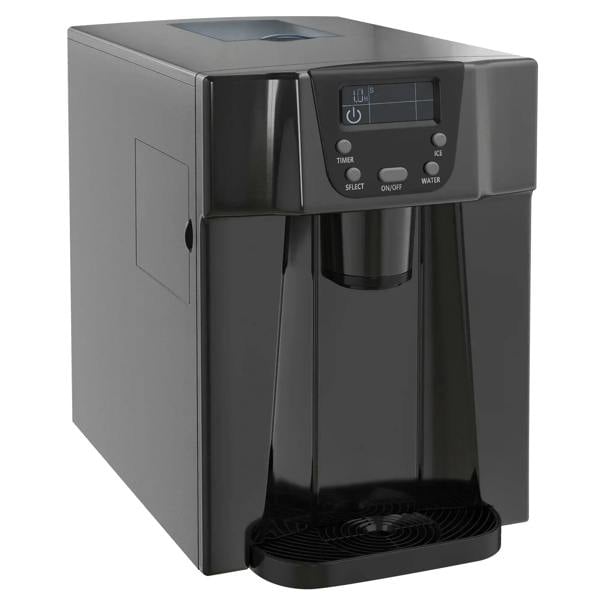 Black countertop ice maker machine with front control panel and ice bin tray