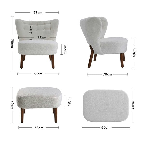 White Boucle Teddy Upholstered Accent Chair with Footstool Lounge Chairs Living and Home