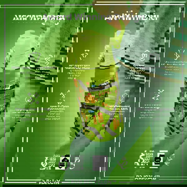 A lime green water bottle, with a cartoon town design, is being held. Its features include a hide-away handle, hygiene cover, and wide mouth. It's an award-winning design. GERMAN DESIGN AWARD WINNER 2024; GOOD DESIGN; 2021. POD RECYCLON™.