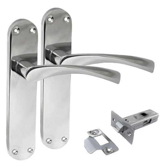 EDH Door Hardware Polished Chrome Twist Door Handle Set,Interior Latch Lever on Long Back Plate with Tubular Latch (1 Pair of Handles + Tubular Latch)