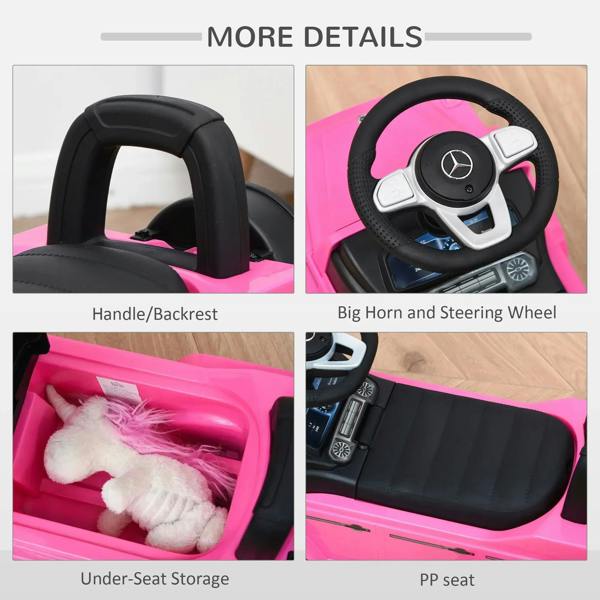 Pink ride-on car details: black handlebackrest, steering wheel, under-seat storage.