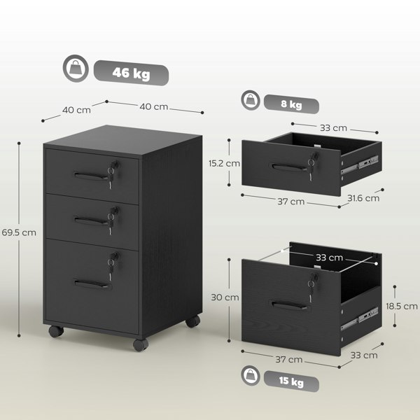 HOMCOM 3 Drawer File Cabinet Rolling Filing Cabinet for A4 and Letter