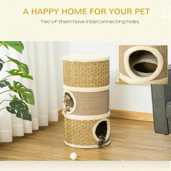 Khaki cat scratching barrel tower with cat using the lower circular doorway