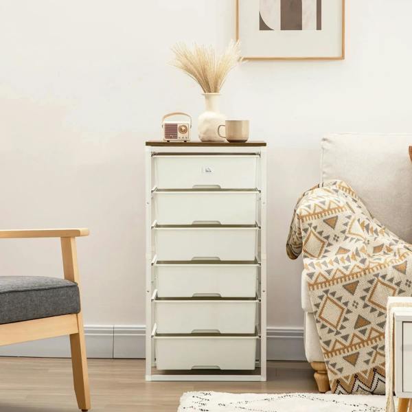 White 6-drawer tall dresser with dark wood top and arched drawer handles, steel frame