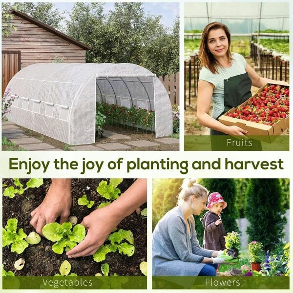 Bobobiy 6 x 3 x 2 m Polytunnel Greenhouse with Roll-up Side Walls, Walk-in Grow House Tent with Steel Frame, Zipped Door and 12 Mesh Windows, White