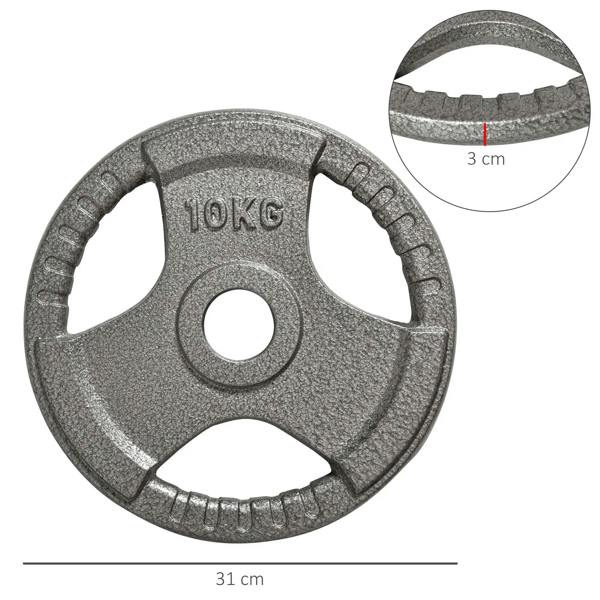 10kg cast iron weight plate, speckled gray, with center hole and outer grip cutouts