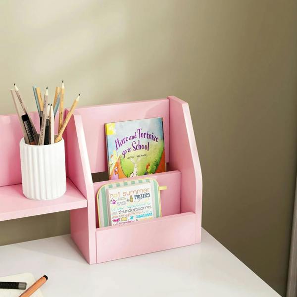 Pink desk organizer shelf with books displayed in front compartment