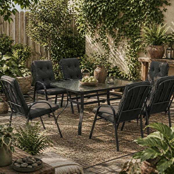 Wyld Haus Sahale 6 Seater Black Garden Dining Set with Padded Tufted Cushions