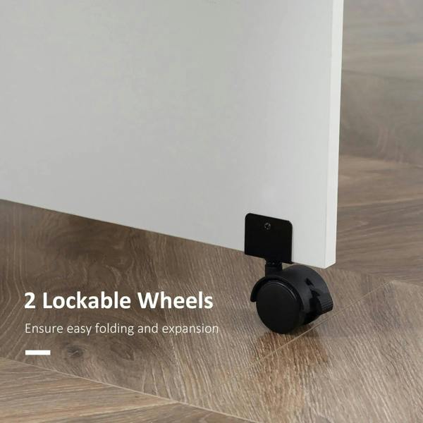 White folding table with lockable rolling caster wheels