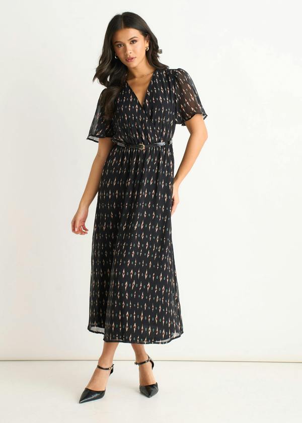 Gini London Black Silk Geo Print Midi Dress